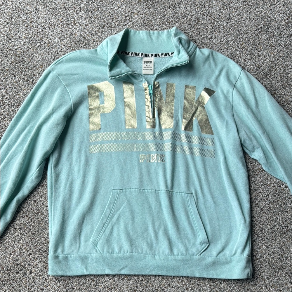 PINK Victoria's Secret Aqua Pullover with Gold Metallic Logo